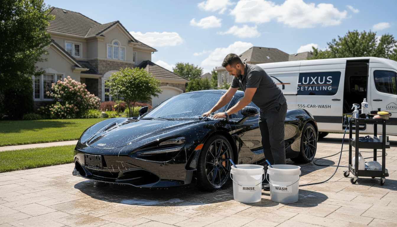 Professional detailing technician carefully washing a premium vehicle at customer's home