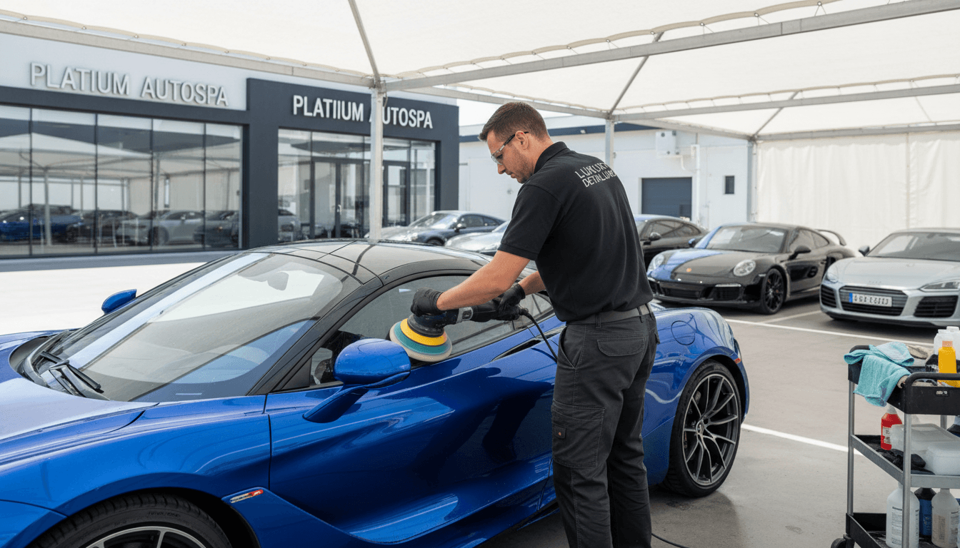 Mobile car detailing technician professionally detailing a vehicle with precision and care