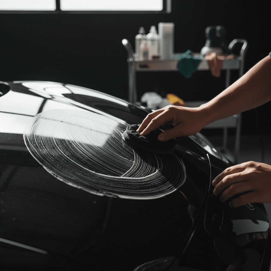Professional detailer polishing a luxury car with attention to detail