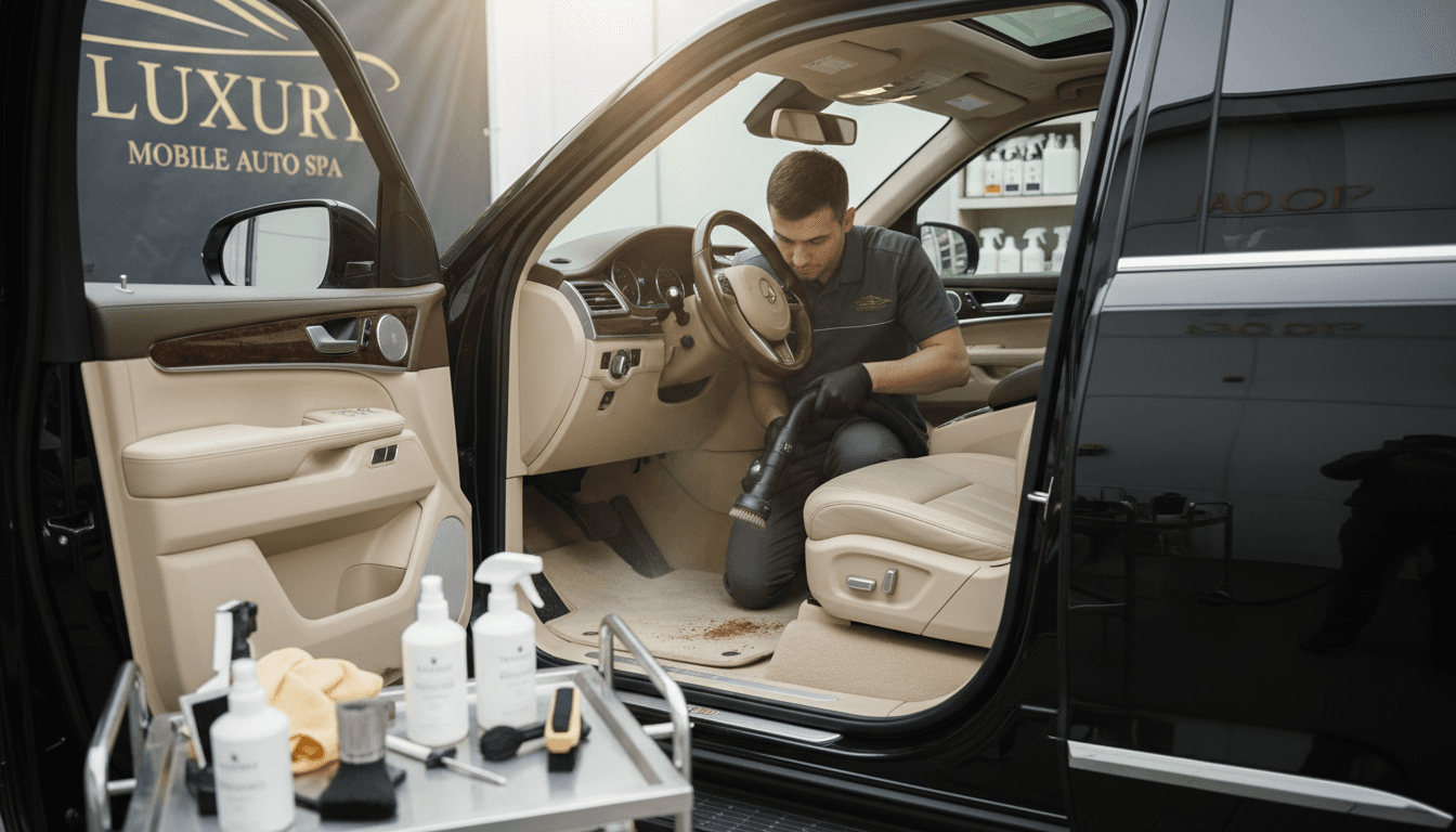 Professional detailing specialist working on a luxury vehicle during mobile car wash service