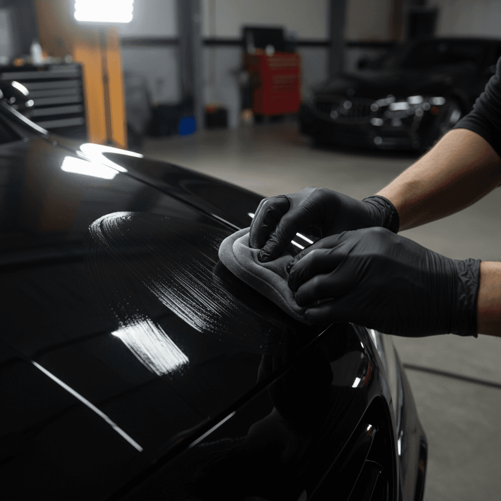 Professional detailer carefully applying protective coating to a premium vehicle