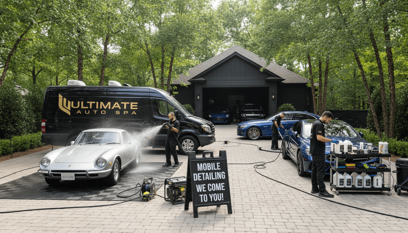 Fleet of company vehicles being professionally detailed on-site